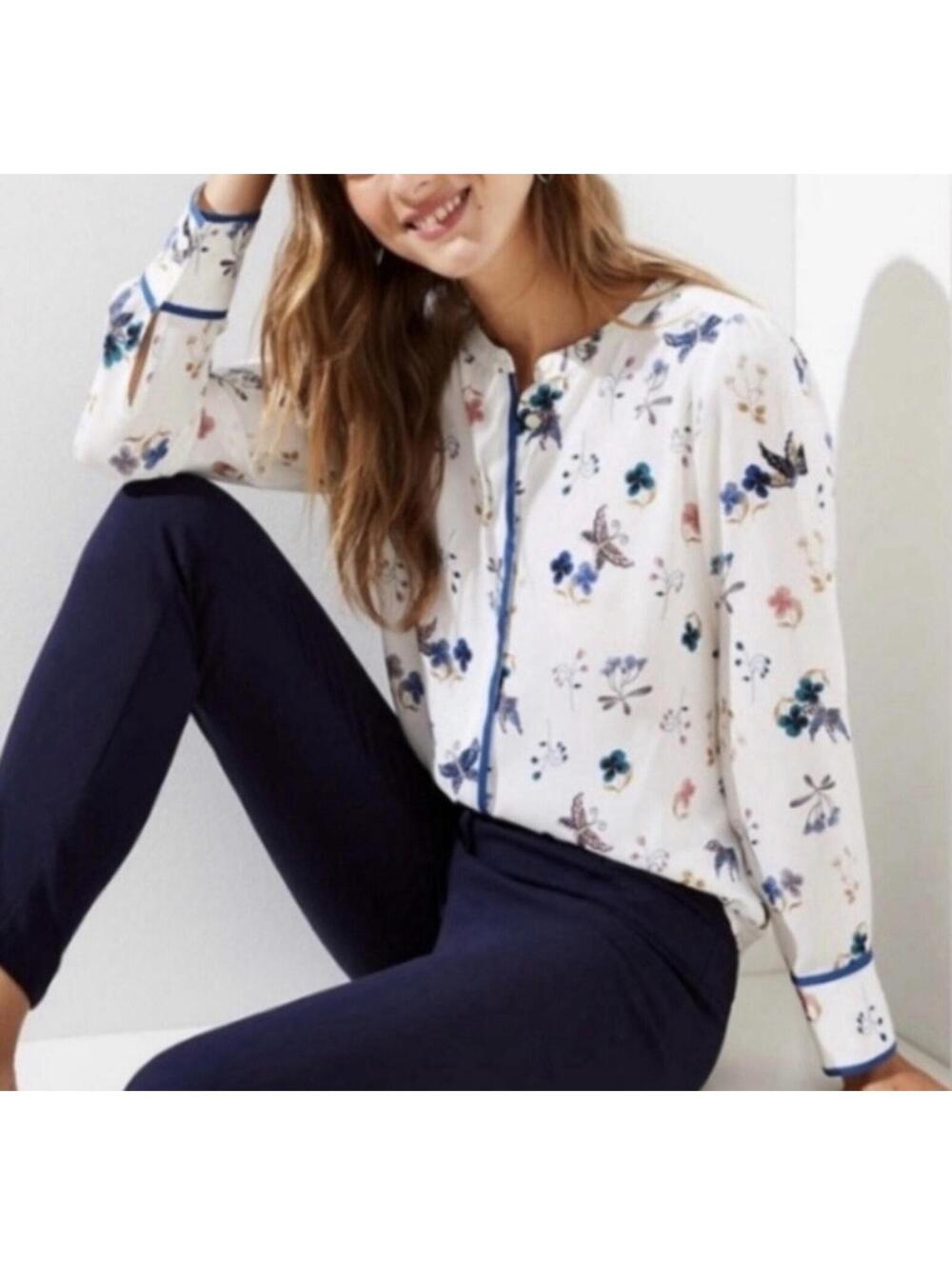 NWT LOFT Semi Sheer Butterfly Floral Long Sleeve Button Up Shirt Petite XS